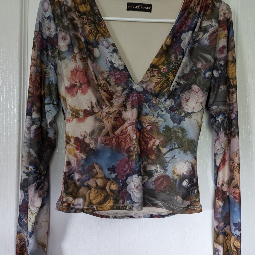 Almost Famous Blue and Pink Graphic Fitted Long Sleeve Blouse